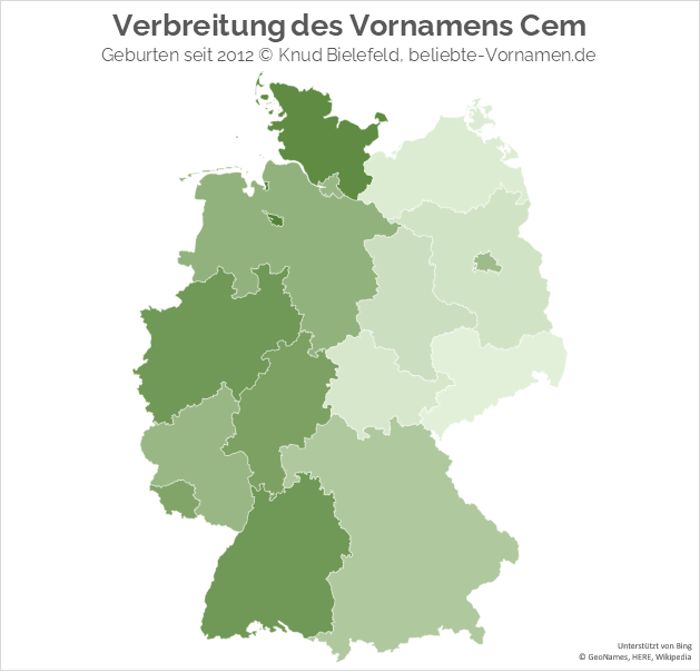 Der Name Cem ist i Westdeutschland deutlich beliebter als in Ostdeutschland.