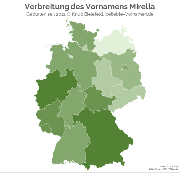 Am beliebtesten ist der Name Mirella in den Bundesländern Bayern und Nordrhein-Westfalen.